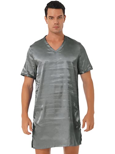 Mens Satin Night Shirt V Neck Short Sleeve Sleep Shirt Loose Comfy Nightgown