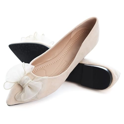 Image of SAILING LU Womens Bowknot Ballet Flats Pointy Toe Suede | Casual Flat Shoes, Dressy Wear to Work, Moccasins, Slip-Ons