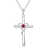 AmorAime 925 Sterling Silver Cross Necklace for Women Men 14K Gold Plated 5A CZ Birthstone Necklaces for Holiday (G.Dark Red-July-Ruby)