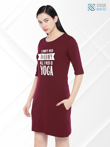 Image of STATUS MANTRA Women's Long T-Shirt Dress - Cotton Casual Knee Length Dress with 3 /4 Sleeves | Soft Bio-Washed Fabric, Crew Neck, Relaxed Fit | Comfy Summer Lounge Wear