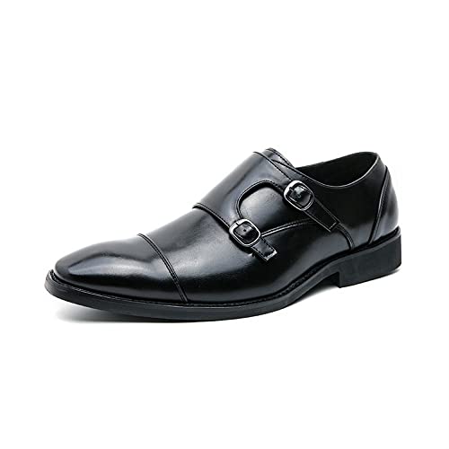 Oxford Shoes for Men Slip On Double Monk Strap Burnished Toe Faux Leather Rubber Sole Anti-Slip Block Heel Resistant Non Slip Casual(Black,10)