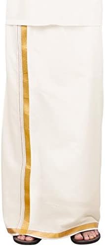 ™ Men's Cotton Dhoti with Elegant Kasavu Zari Border - 3.6 Mtrs/8 Mulam/Double Layer South Indian Veshti Mundu (30K Gold Zari, Cream)