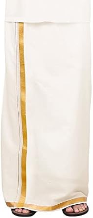KolakeerTM Mens Cotton Dhoti with Elegant Kasavu Zari Border - 3.6 Mtrs/8 Mulam/Double Layer South Indian Veshti Mundu 30K Gold Zari, Cream