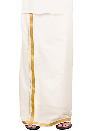 Kolakeer Herren Südindische Baumwolle Kasavu Zari Dhoti Veshti Mundu, Cream, 30K Gold
