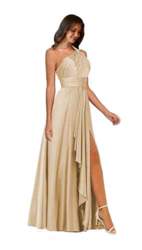 One Shoulder Bridesmaid Dresses for Women Satin Formal Dress Long Ruffle A Line Pleated Evening Gown4