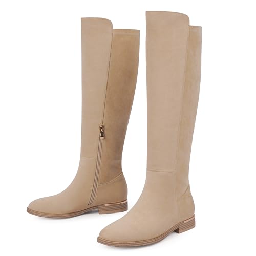 Image of Modatope Rounded Toe Flat Stretchy Dress Knee High Boots Side Zipper | Suede Elastic Fall Winter Boots, Low Chunky Block Heel Riding Boots,2026 Fashion Womens Tall Long Boots