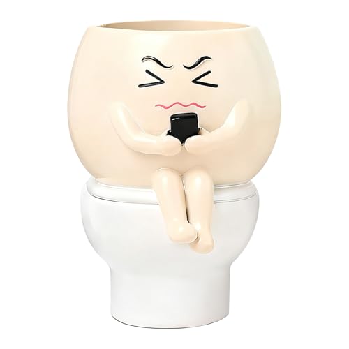 Heuvcnsr Resin Smiley Face Flower Pot on Toilet, Planter of Smiling Character on Toilet, Flower Pot with Resin Smiling Figure on Toilet for Indoor Outdoor Planting (Sitting on The Toilet)