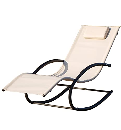 Outdoor Patio Lounger Chair Rock U-Shaped Lounge Chair Adjustable Headrest Support 250Lbs(Beige) #TOP26