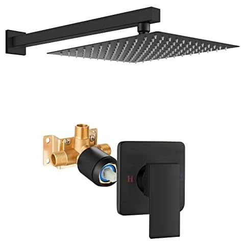 Heyalan Wall Mount Matte Black Shower Faucet Set 10” Square Stainless Steel Bathroom Rainfall Shower System One Handle Single Function Shower Trim Kit with Rough-in Valve Male Thread Cover
