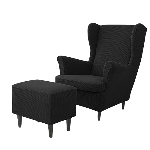 Fundas negras para sillones orejeros y otomanas - Juego protector elástico de 2 piezas