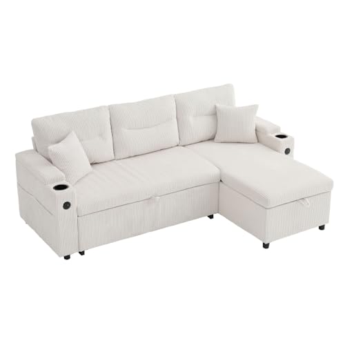 OCACA Moderno sofá de pana para 3 personas con espacio de almacenamiento, portavasos y USB-C. Chaise longue hidráulico y cama de cajón: diseño elegante y cómodo (beige + corduroy, 3 asientos)