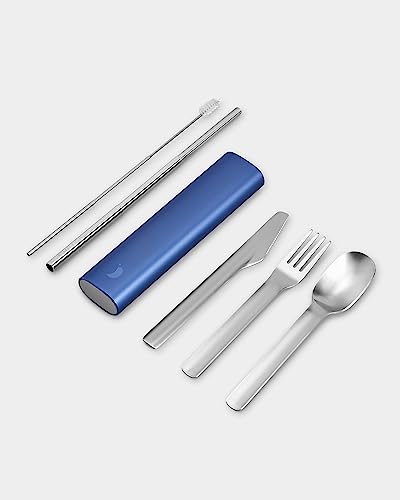 Chillys Cutlery - Portable Cutlery Stainless Steel Utensils with Aluminium Travel Case Reusable Knife Fork Spoon & Straw Dishwasher Safe - for Travel and Camping - Whale Blue
