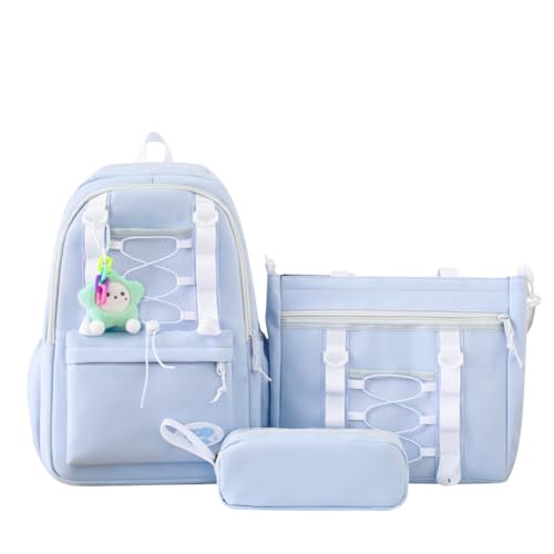 College Style Backpack Set of 3, Kawaii Simple Stylish 3-In-1 Bookbag Set, Cute Large Capacity Nylon Rucksack (Blue)