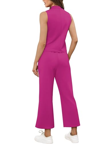 Image of SAMPEEL Two Piece Sets for Women Summer Outfits Lounge Sets Mock Neck Tops Wide Leg Crop Pants Vacation Travel Outfits