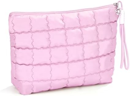 Richeart Makeup Bag Travel Toiletry Bag - Checkered Down Cotton Makeup Pouch for Women with Cosmetic and Pencil, Aesthetic Pink Design, Large