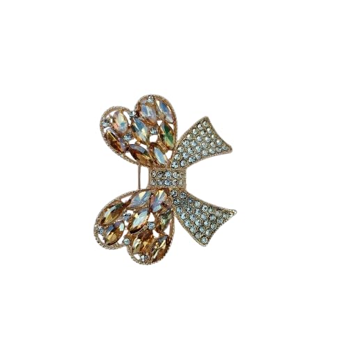 Champagne Crystal Bow Brooch, Gold Tone Rhinestone Saree Clip, Butterfly Style Pin-image-30