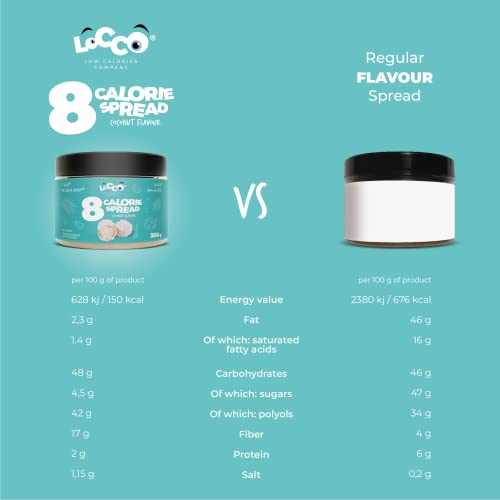 LOCCO LOW CALORIES 8 Calorie Spread Coconut Flavour Only 8 calories per serving Low fat cream No added sugar No palm oil Keto Diet Vegetarian Smooth paste Sweet snack 300 g