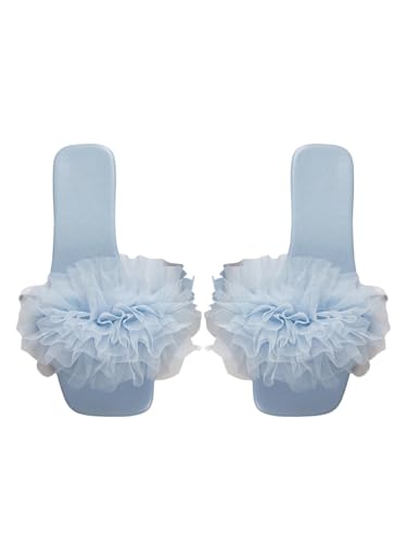 OYOANGLE Women's Square Open Toe Slide Sandals Sheer Ruffle Dressy Slip on Flat Sandal