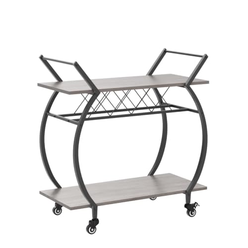 LVB-Bar-Cart-with-Wine-Rack-2-Tier-Farmhouse-Kitchen-Cart-on-Wheels-Modern-Wood-and-Metal-Portable-Coffee-Cart-Table-for-Home-Utility-Industrial-Mobile-Serving-Cart-with-Storage-Shelf-Grey-Oak LVB Bar Cart with Wine Rack 2 Tier Farmhouse Kitchen Cart on Wheels Modern Wood and Metal Portable Coffee Cart Table for Home Utility Industrial Mobile Serving Cart with Storage Shelf Grey Oak