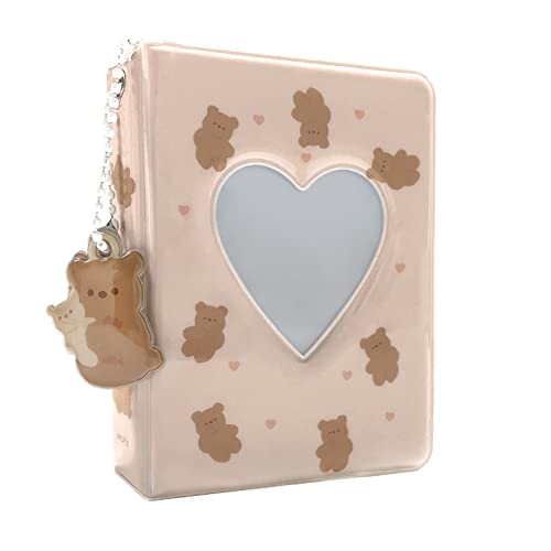 3 Inch Mini Photo Album, Heart Hollow Card Binder Photo Card Holder with Pendant 40 Pockets (beige bear)