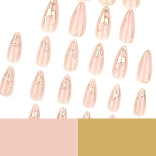 Image of Gold Press on Nails Nude Fake Nails with 3D Gold Line Design Glossy Glue on Nails Artificial Acrylic Full Cover Nude Stick on Nail Medium Almond False Nail for Women Manicure 24Pcs