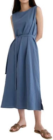 Amazon Co Jp N O N Select 夏 人気 ノースリーブ リネンワンピース マキシ丈 ロング丈 レディース コットンリネン シンプル 無地 調整ひも付き 綺麗め ブルー 服 ファッション小物