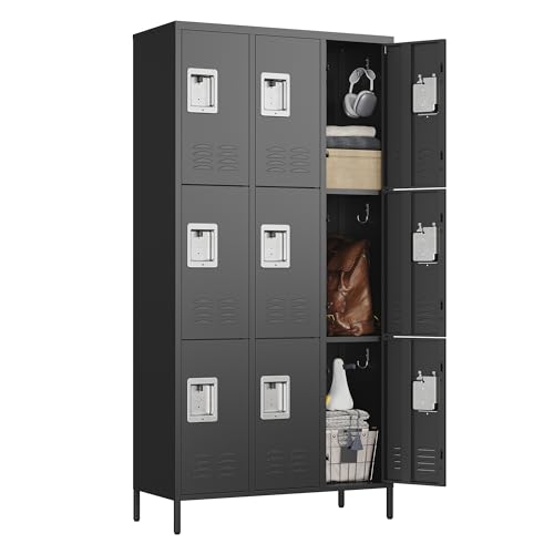 STANI Metal Lockers for Employees with Lock, 9 Doors Tall Steel Storage Locker with Shelves, Lockable Steel Cabinet for School Gym Office Garage (Black, 9 Doors)