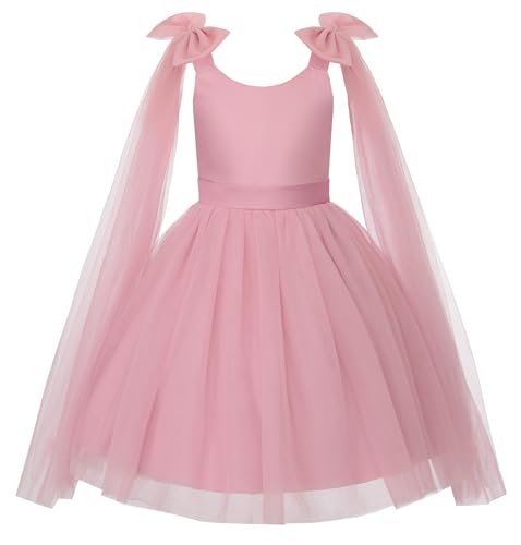 Uhnice Girls Sleeveless Tulle Dress with Fixed Shoulder Bows for Flower Girl Wedding Party