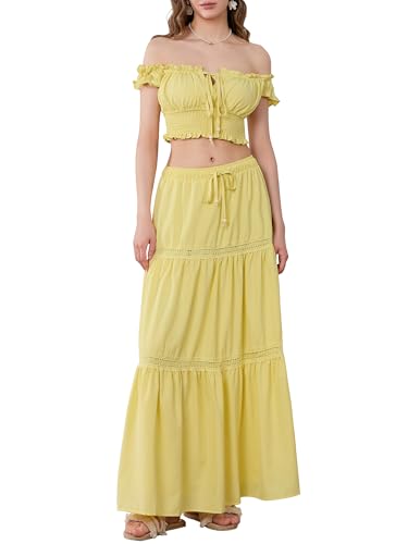 Owl's-Yard Women’s 2 Piece Skirt Set Off Shoulder Frill Trim Crop Tops and Ruffle Long Skirt Set Summer Trendy Outfits
