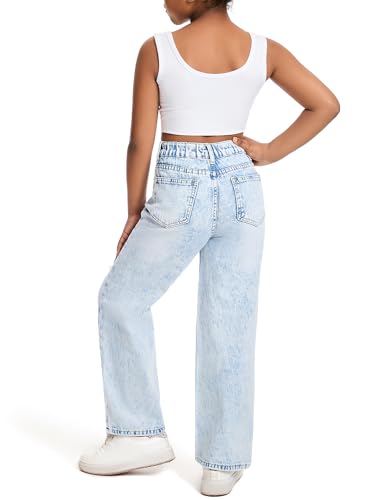 Happy Cherry Girls Ripped Denim Pants Casual High Waist Distressed Baggy Jeans Straight Wide Leg Trousers 5-13Y4