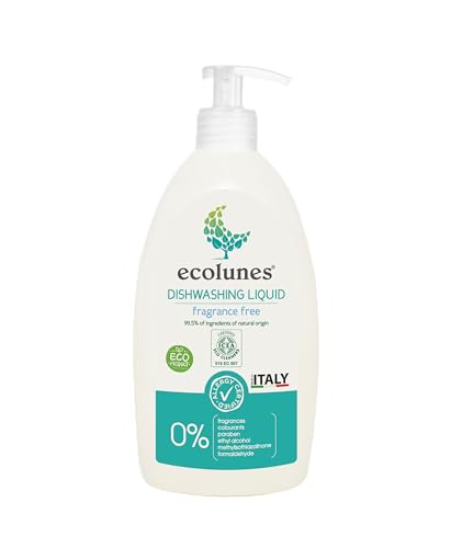 Ecolunes hipoalergénico líquido lavavajillas sin perfume, 99,5% ingredientes naturales, no provoca alergia, dermatológicamente testado, 500 ml
