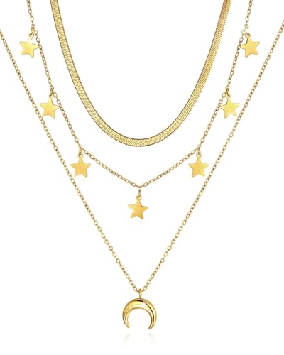 FUGLUS Collares Oro para Mujer,Collar Capas Oro 18K con Borlas,Collares Largos Impermeables con Colgantes de Estrella y Luna,Collar Bohemios Exquisito y Elegante para Mujer