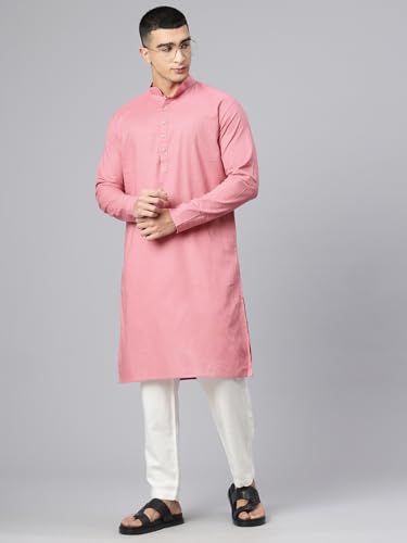 Image of Majestic Man Men's Cotton Regular Fit Casual Mandarin Collar Ethnic Motifs Solid Long Kurta