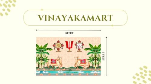 Image of varamahalakshmi Backdrop Cloth | Govinda Namam Pichwai Backdrop with Shanku Chakra Namam Festive Curtain 5x8 Feet | Background Decoration Cloth