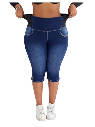 Verdusa Women's Plus Size Stretchy Jeans Split High Waisted Capri Pants with Pockets
