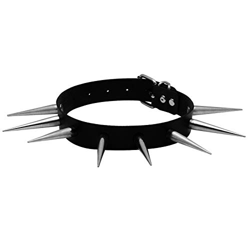 JJDreams Punk Choker Long Spike Rivet Black PU Leather Choker Collar Gothic Necklace for Women, Silver Spike