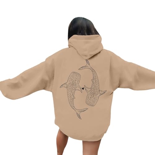 2025 Women's Casual Hoodie with Ocean Motif Print, Long Sleeve Pullover Sweatshirt, Comfortable Fleece Lined Hooded Top for Winter Photo Pullover, khaki, M