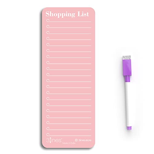 Image of 3 Lines Shopping List Fridge Magnet with Marker|Smart Planning & Shopping for Family, Working Professionals|Acrylic Magnetic Notepad for Kitchen Organisation|9x24 cms|Pink Guava Color|Regular