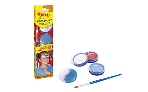 Jovi - Adventure, Maquillaje Infantil en Crema, 3 Botes en 3 Colores (Blanco, Azul y Rojo), Incluye Esponja y Pincel Plano (174AD)