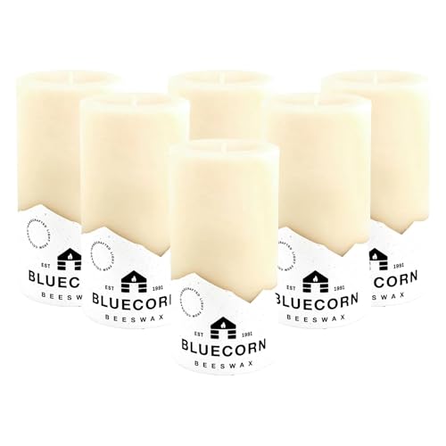 Bluecorn Beeswax 100% Pure Beeswax Pillar Candles | Ivory White 3x6 Pillar Candle Set | Non Toxic, Unscented, Clean Burning | Cotton Wick, Dripless, 90 Hr Long Burning | Handmade in USA | 6 Pack