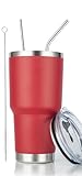30oz Tumbler Stainless Steel Double Wall Vacuum Insulated Mug with Straw and Lid, Cleaning Brush for Cold and Hot Beverages (30oz Red)