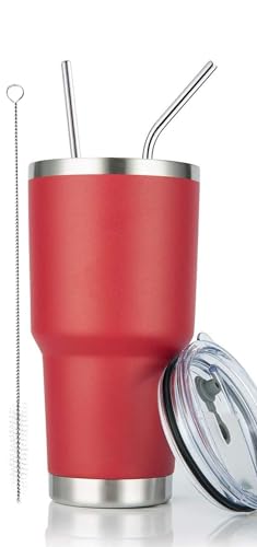 Image of 30oz Tumbler Stainless Steel Double Wall Vacuum Insulated Mug with Straw and Lid, Cleaning Brush for Cold and Hot Beverages (30oz Red)