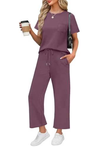 Image of WIHOLL 2 Piece Sets for Women Casual Summer Travel Vacation Outfits Short Sleeve Wide Leg Crop Pants Lounge Sets