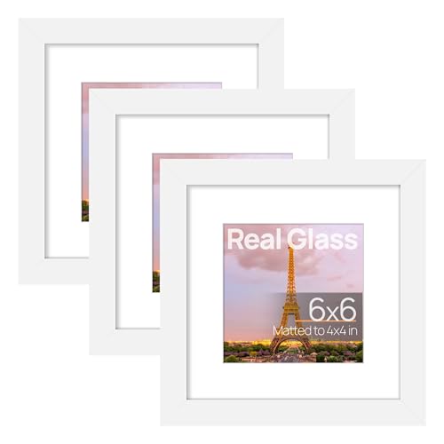 Image of upsimples 6x6 Picture Frame, Gallery Glass Photo Frames Set of 3, White | Fit 4x4 with Mat and 6 x 6 Photos, Gift for Christmas, Wall Decor and Table Display for Living Room, Hallway, Gallery