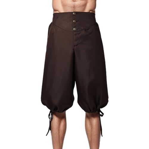 BPURB Pantalones Pirata Vikingos Medievales para Hombre Retro coloniales renacentistas Pantalones Cosplay Cortos con Cordones, marrón, XL
