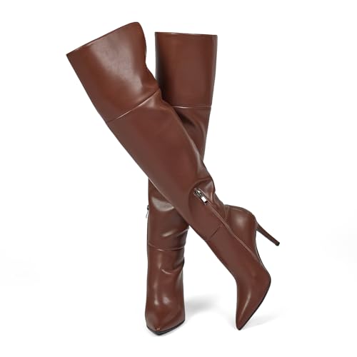 Image of wetkiss Womens Thigh High Boots Stiletto High Heel Over the Knee Fashion Dress Long Boots with Sexy Ponited Toe Zipper up Tall Boots for Date Party Club