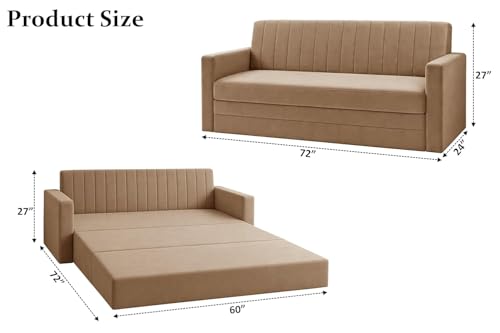 Image of Modern Velvet 3 Seater Sofa Cum Bed with Armrest, Convertible Sleeper Couch Sofa for Living Room, Bedroom & Office - Golden Color