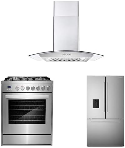 Cosmo 3-Piece, 36" Gas Range 30" Wall mount range hood & French Door Refrigerator