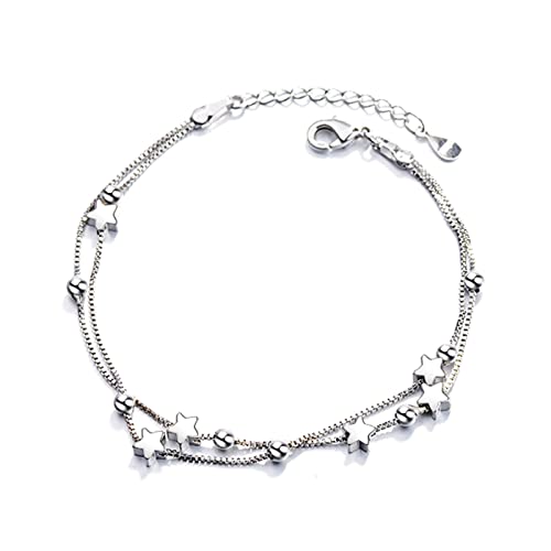 [�����n�V��] Trend Simple Double Layer Star Beach Jewelry Silver Color Round Bead Chain for Women Girls Gift