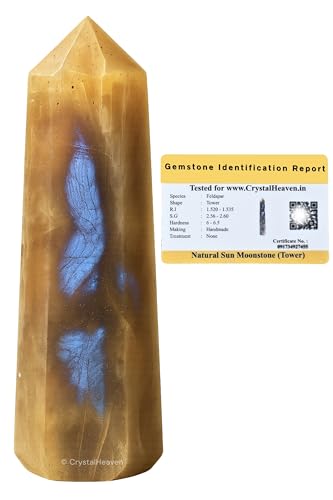 Image of Crystal Heaven Certified Sun Moonstone Tower Obelisk Point For Chakra, Healing And Balancing - Aaa Grade Original Certified Gemstone Agate For Reiki Meditation Yoga Spiritual (2-3 Inches)